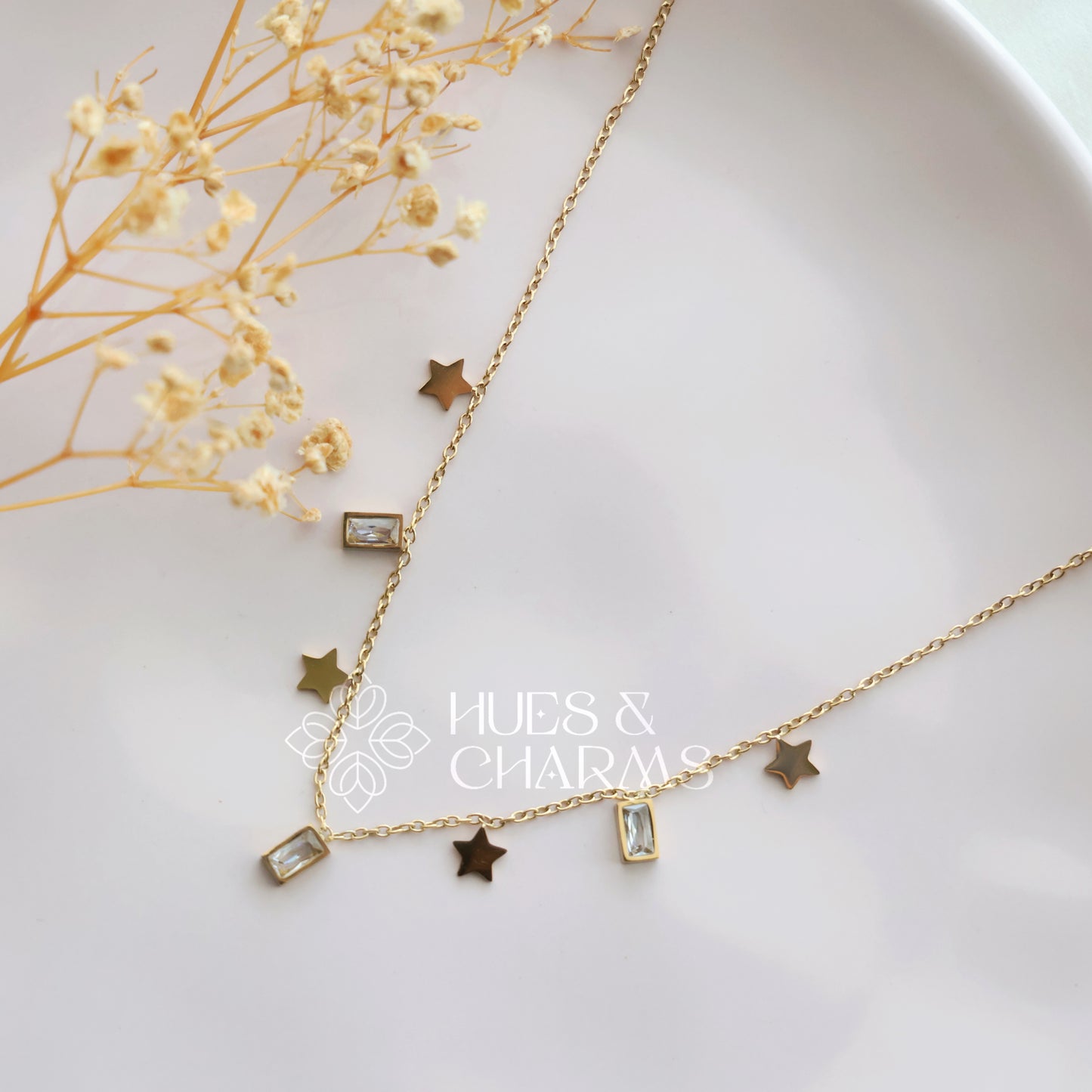 GOLDEN STAR AND RECTANGLE STONES CHARM NECKPIECE