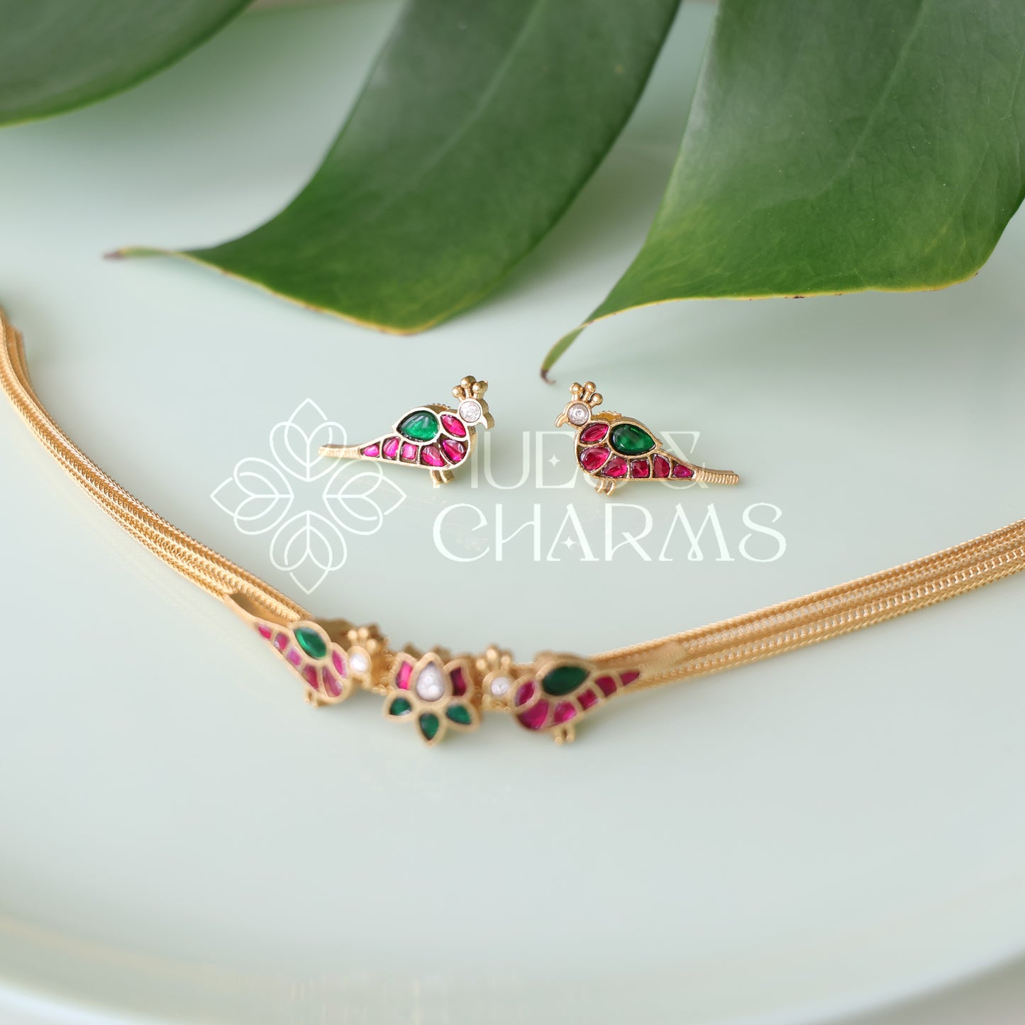 GOLDEN LOTUS & PARROT JADAU CHOKER SET | PREMIUM JEWELLERY