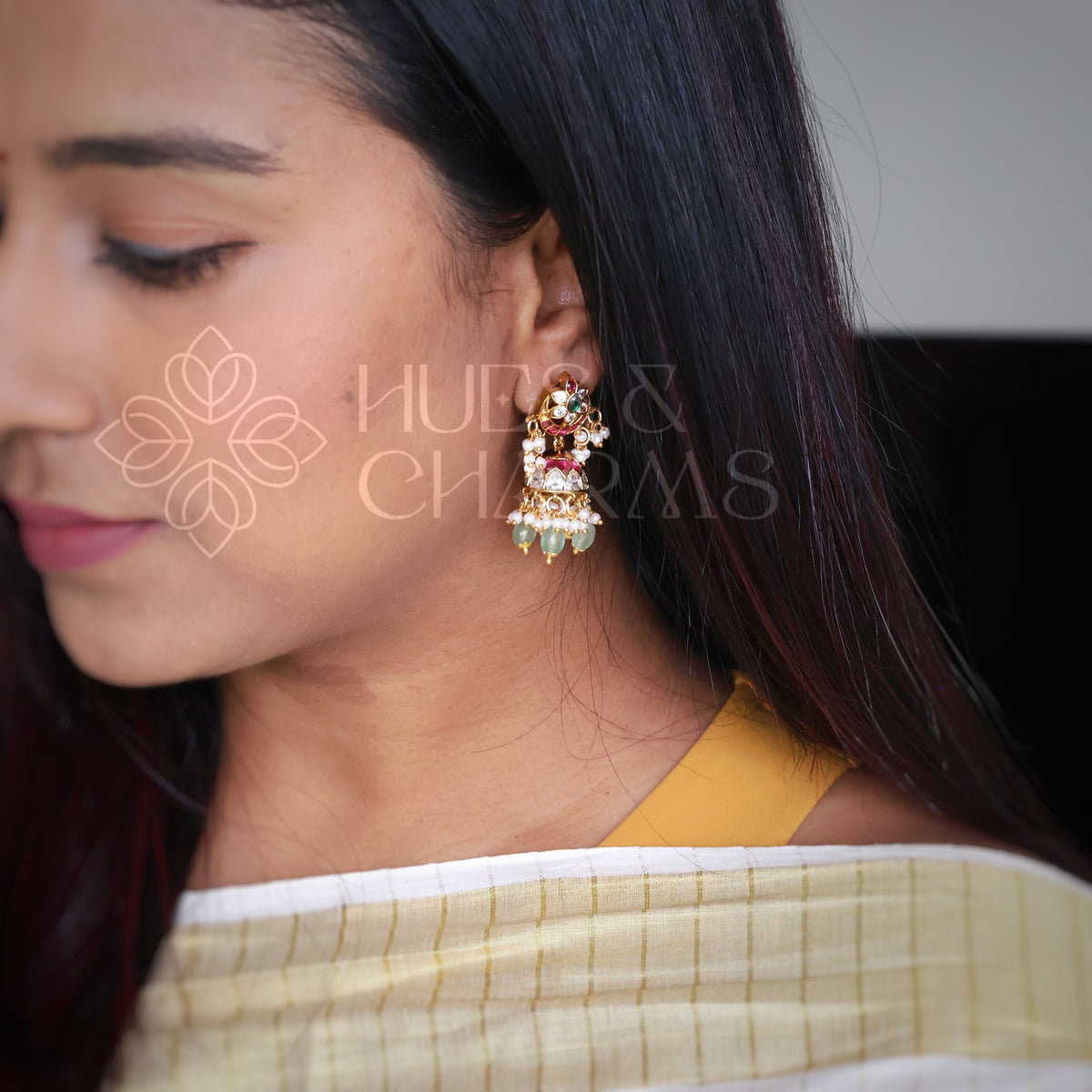 GOLDEN  ANVIKA KUNDAN  KEMP JHUMKA WITH PEARLS | PREMIUM JEWELLERY