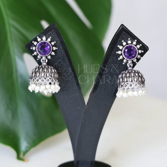 OXIDISED FLORA JHUMKAS WITH CLUSTER PEARLS( COLOURS AVAILABLE )