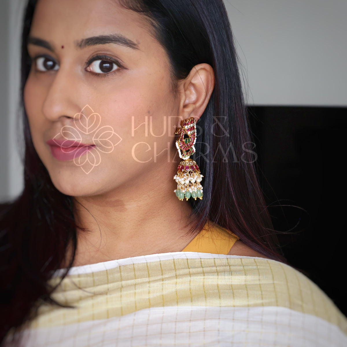 GOLDEN STATEMENT KEMP MAYURA JHUMKA WITH PEARLS | PREMIUM JEWELLERY