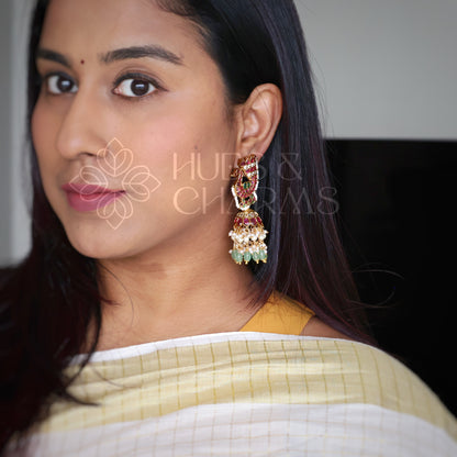 GOLDEN STATEMENT KEMP MAYURA JHUMKA WITH PEARLS | PREMIUM JEWELLERY
