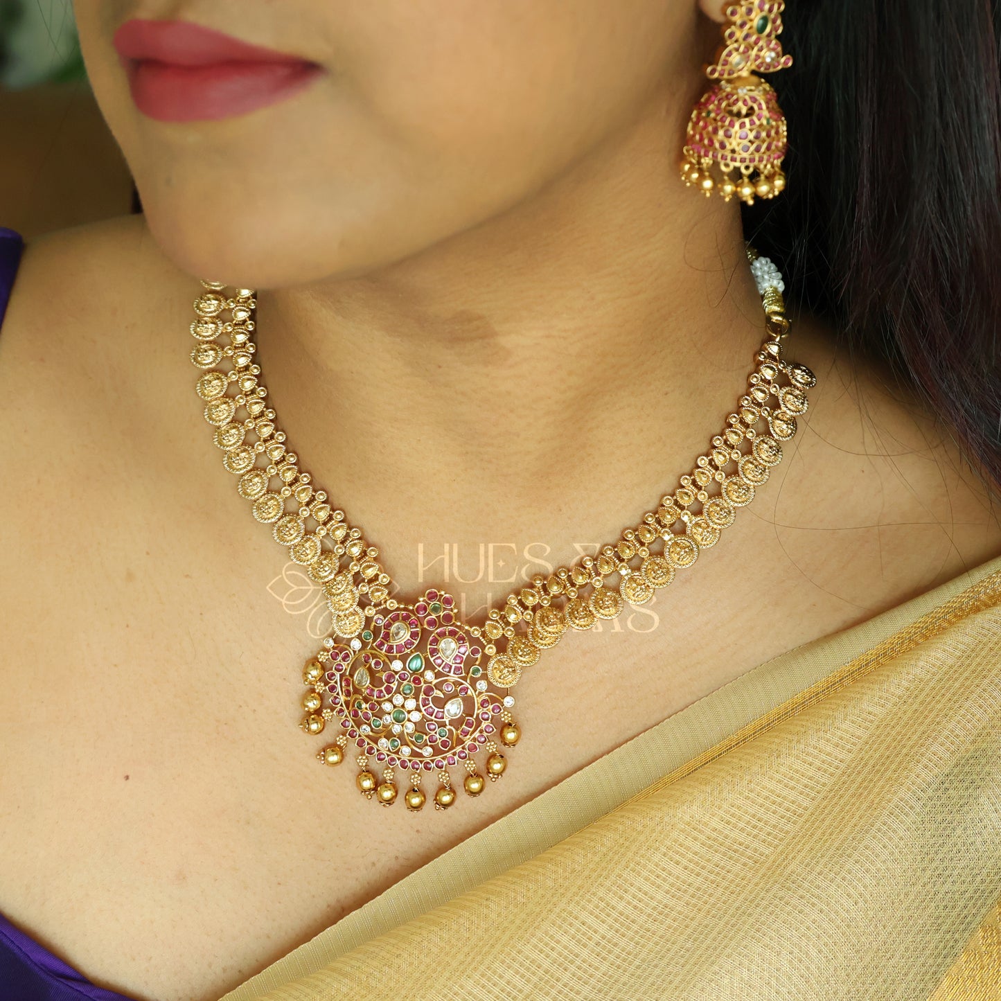 GOLDEN MAYURA LAKSHMI COIN KEMP NECKLACE SET | Premium jewellery