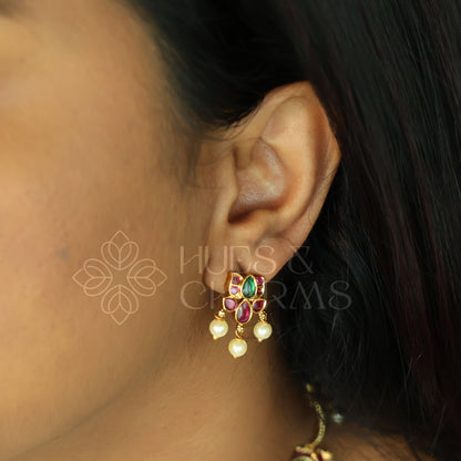 GOLDEN  PADMARAGA NECKLACE SET WITH PEARLS