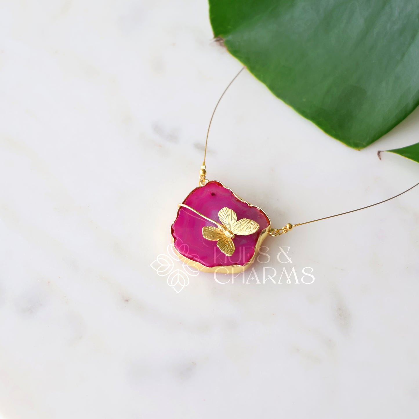 AGATE  STONE WITH BUTTERFLY X FLOATING NECKPIECE (COLOURS AVAILABLE)