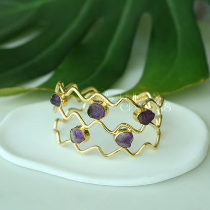 GOLDEN  RAW STONE ZIG ZAG ADJUSTABLE CUFF BANGLE(COLOURS AVAILABLE)