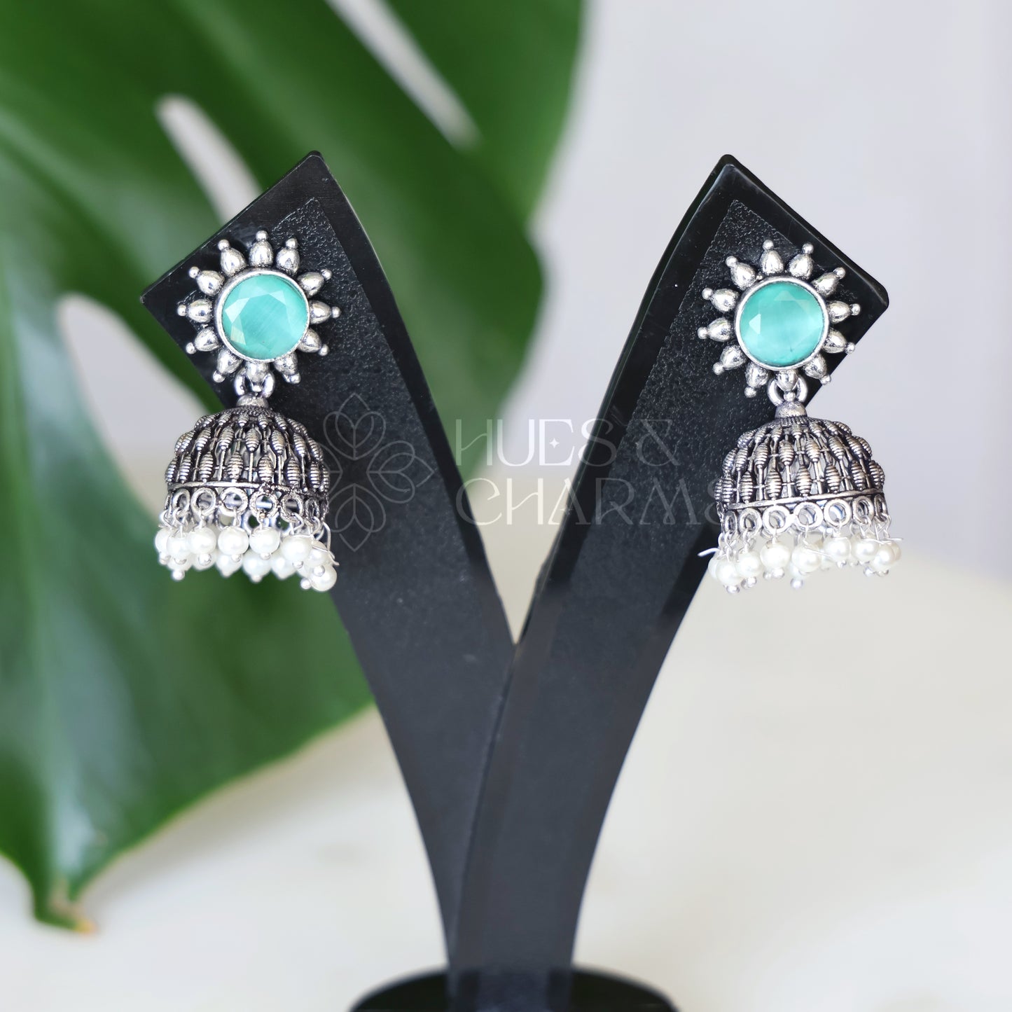 OXIDISED FLORA JHUMKAS WITH CLUSTER PEARLS( COLOURS AVAILABLE )