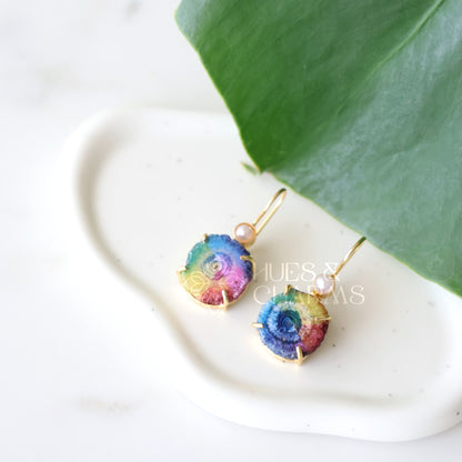 GOLDEN SOLAR AGATE DROP WITH PEARL EARRINGS