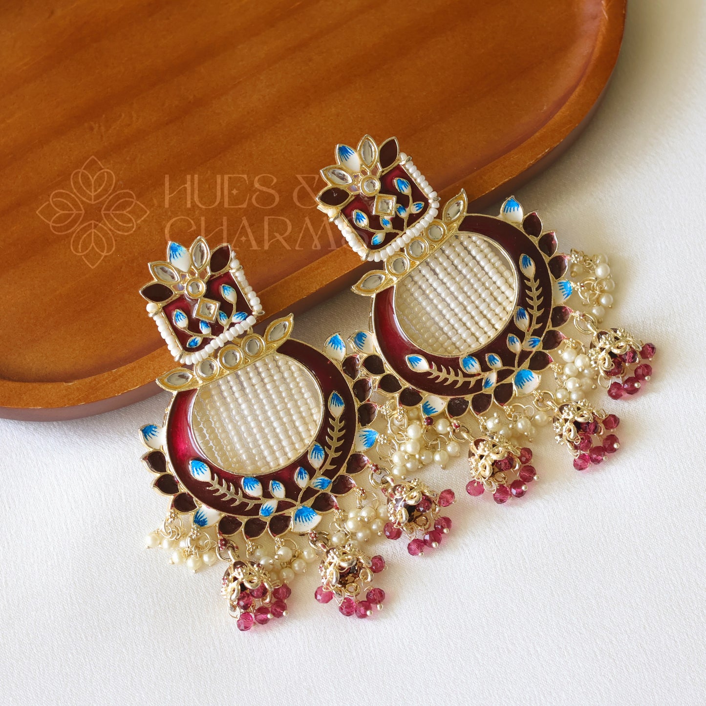 MEENAKARI EARRINGS WITH TRI JHUMKA  - DARK MAROON