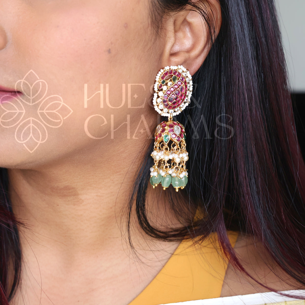 GOLDEN STATEMENT MAYURINI KEMP RAGA JHUMKA WITH PEARLS| PREMIUM JEWELLERY
