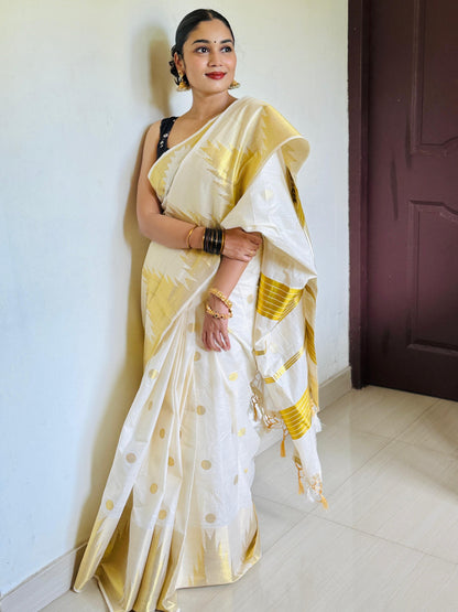 KERALA SIGNATURE KASAVU HANDLOOM POLKA SAREE