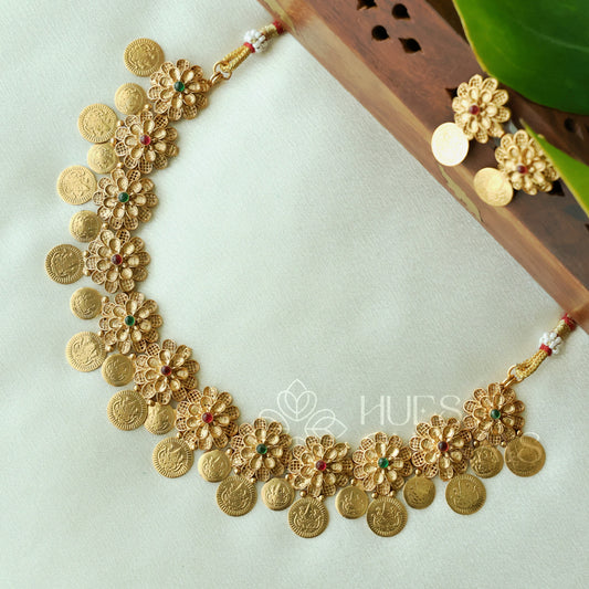 GOLDEN LAKSHMI COIN PUSHPAMALA NECKLACE SET