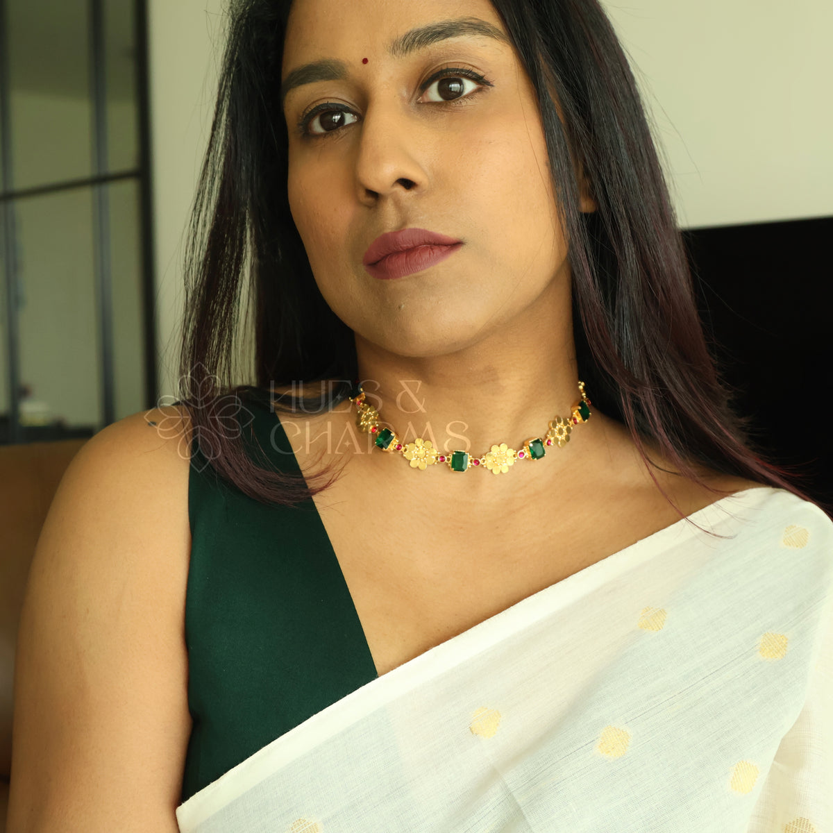 TRADITIONAL PUSHPA EMERALD AND RUBY DETAILED NECKPIECE | PREMIUM GOLD PLATED