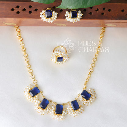 GLOSSY SQUARE DROP NECKLACE SET WITH PEARLS -BLUE