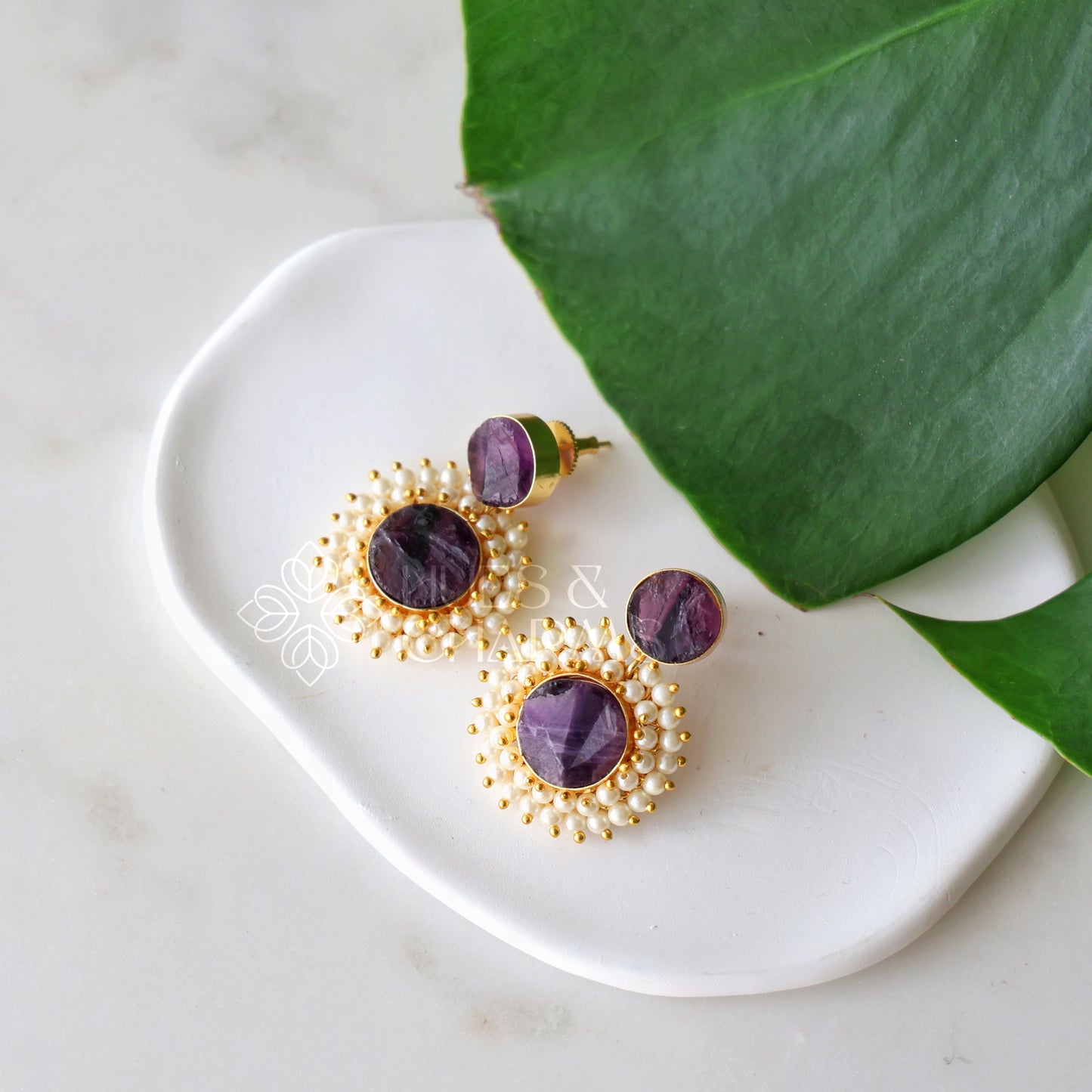 GOLDEN FLORA RAW STONE DANGLER EARRINGS WITH CLUSTER PEARLS (COLOURS AVAILABLE)