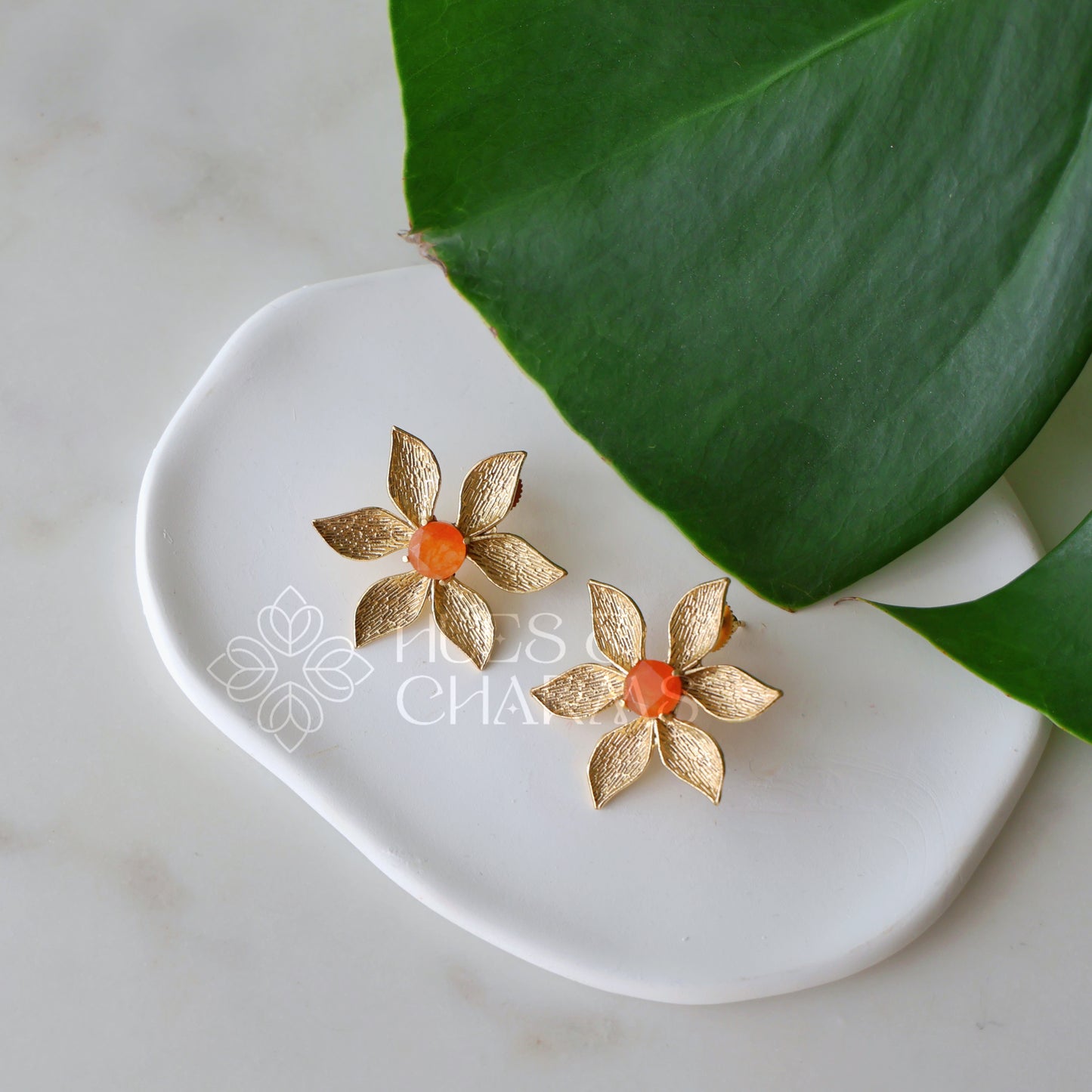 GOLDEN GLOSSY VALENCIA PETAL STUD EARRINGS (COLOURS AVAILBLE )