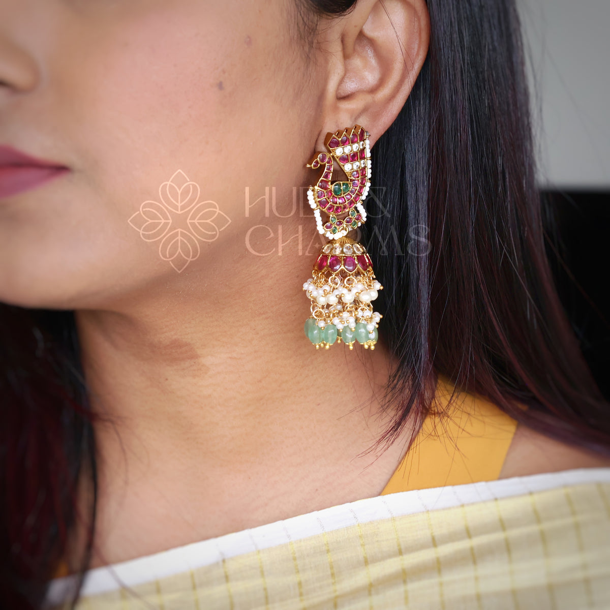 GOLDEN STATEMENT KEMP MAYURA JHUMKA WITH PEARLS | PREMIUM JEWELLERY