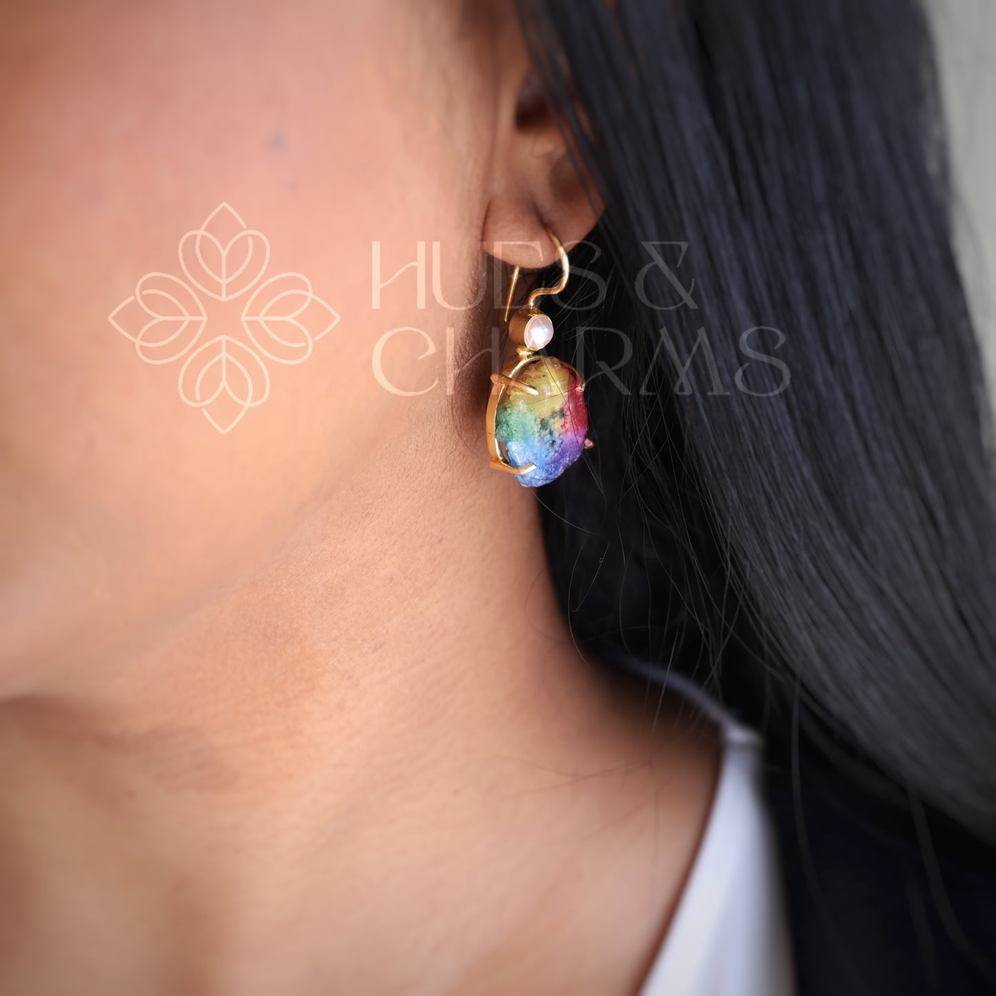 GOLDEN SOLAR AGATE DROP WITH PEARL EARRINGS