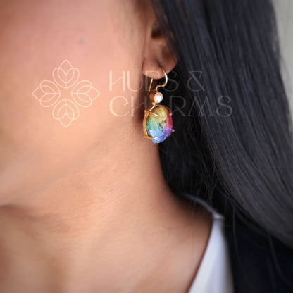 GOLDEN SOLAR AGATE DROP WITH PEARL EARRINGS