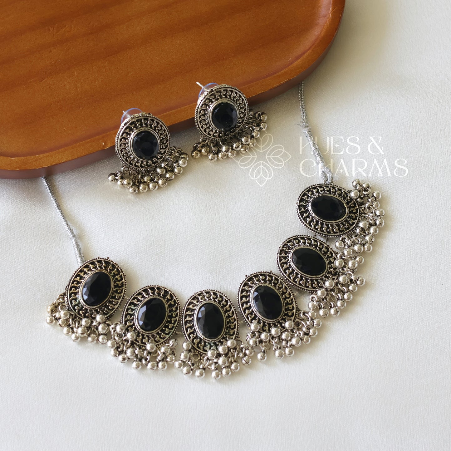 OXIDIZED BLACK STONE NECKLACE SET