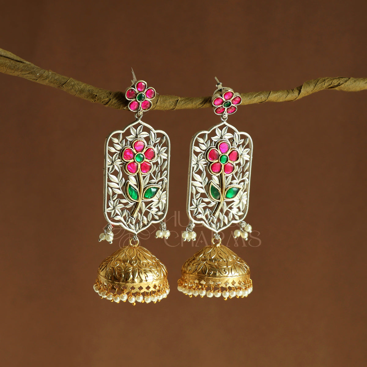 OXIDIZED DUAL TONE ISHANI FLORAL JHUMKA EARRINGS | PREMIUM JEWELLERY