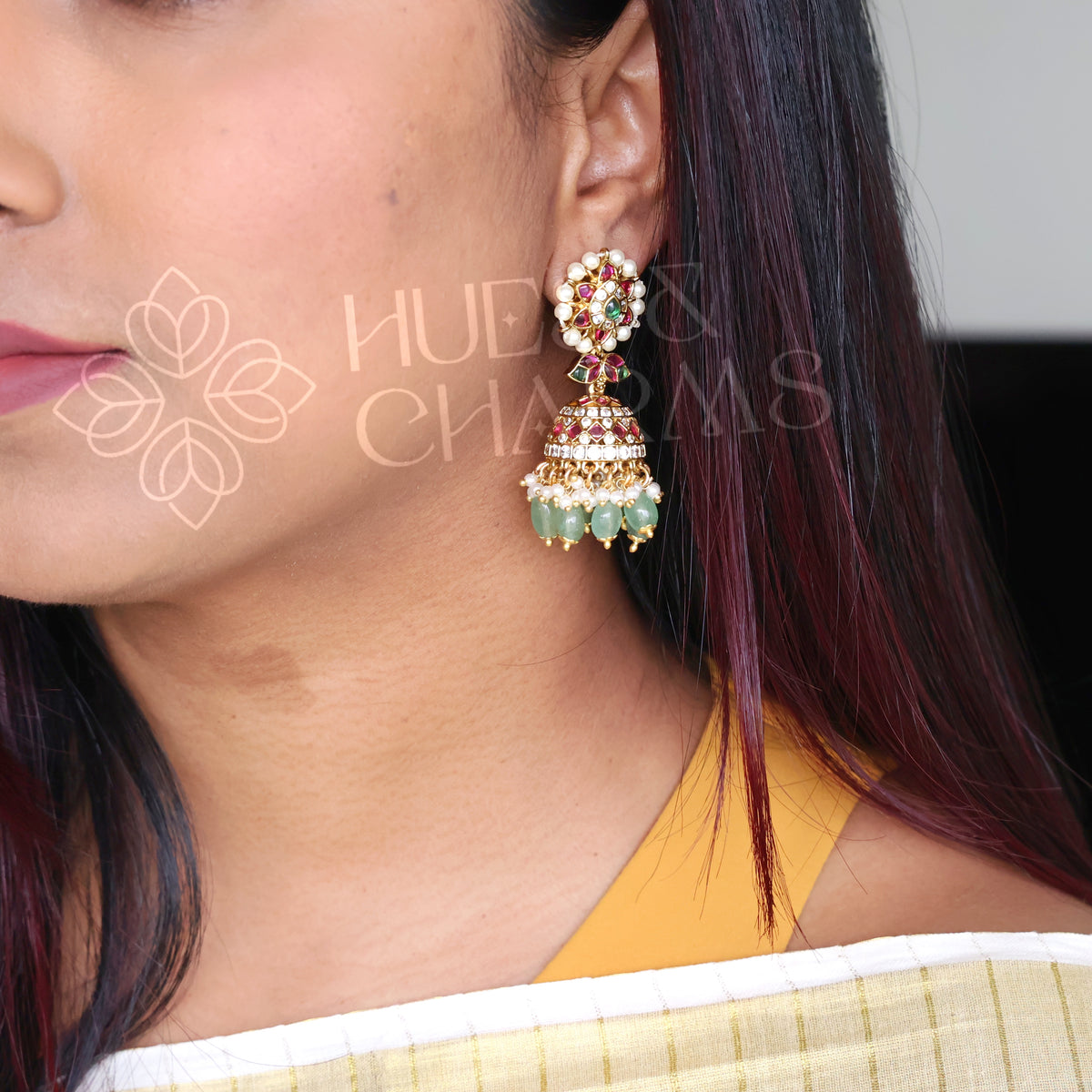 GOLDEN RATNIKA KEMP JHUMKA WITH PEARLS | PREMIUM JEWELLERY