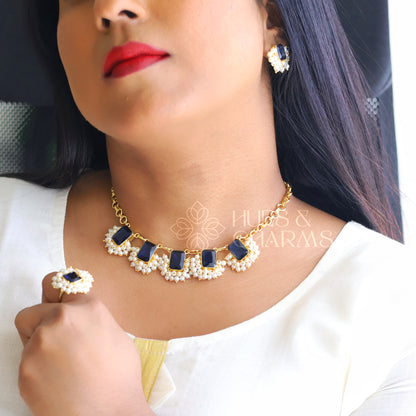 GLOSSY SQUARE DROP NECKLACE SET WITH PEARLS -BLUE