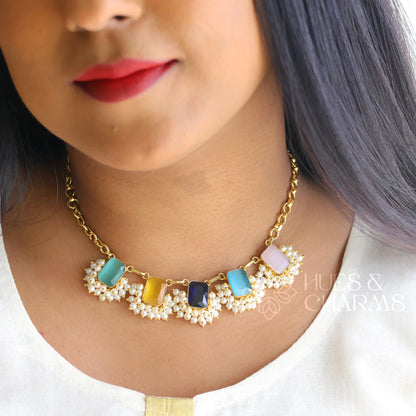 GLOSSY SQUARE DROP NECKLACE SET WITH PEARLS-MULTICOLOUR