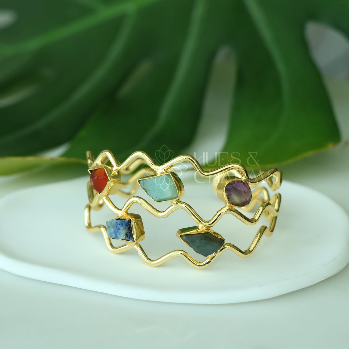 GOLDEN  RAW STONE ZIG ZAG ADJUSTABLE CUFF BANGLE(COLOURS AVAILABLE)