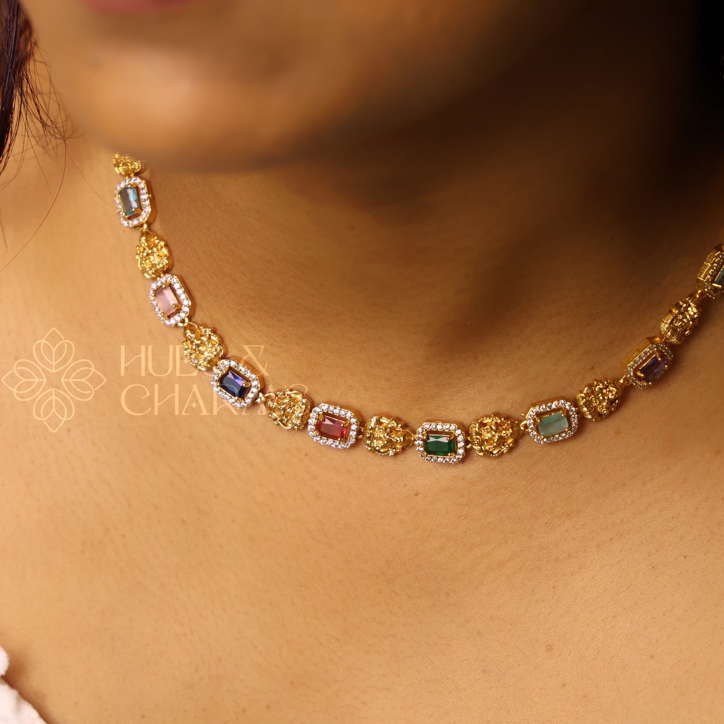 GOLDEN NAVARATNA LAKSHMI AD NECKLACE SET (Colours available)