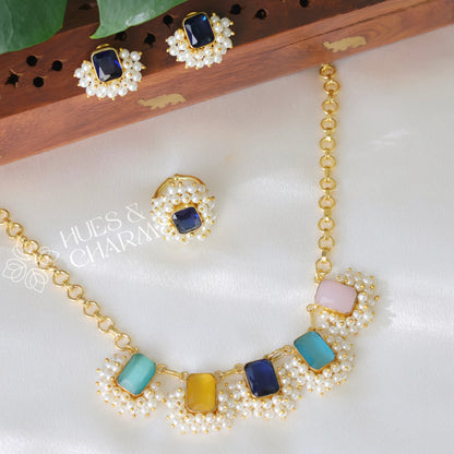 GLOSSY SQUARE DROP NECKLACE SET WITH PEARLS-MULTICOLOUR