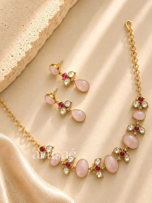 ZÉLIA NATURAL STONE CHOKER SET - ROSE QUARTZ