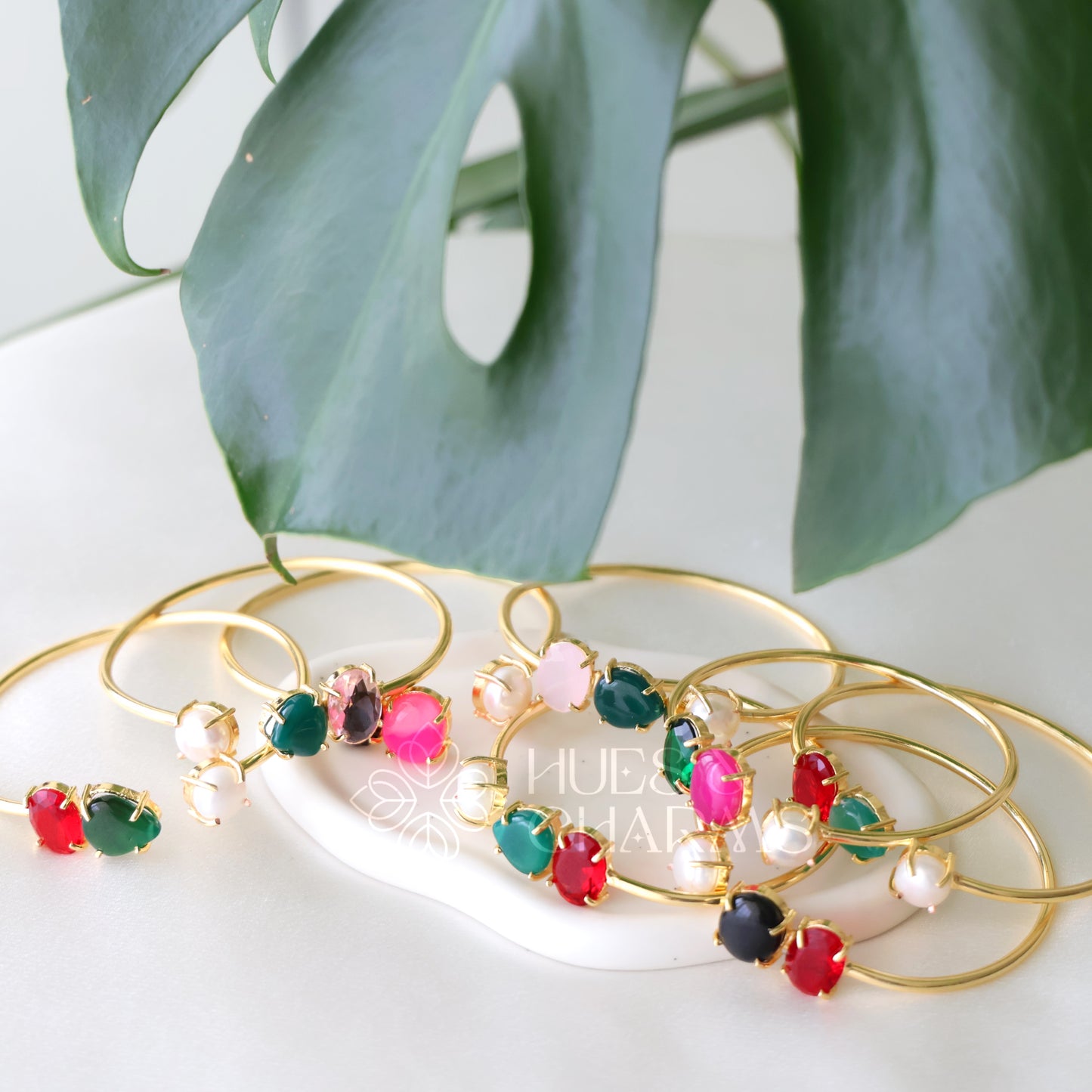 GOLDEN GLOSSY MULTI-SHAPE BANGLE WITH PEARL (COLOURS AVAILABLE)
