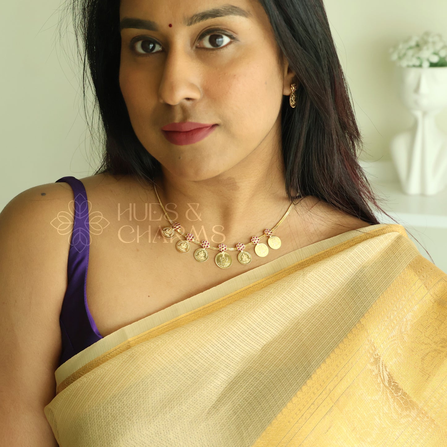 TRADITIONAL LAKSHMI 7-COIN RUBY NECKLACE SET |GOLD PLATED