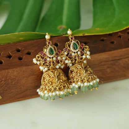 GOLDEN KAMALINI KEMP JHUMKA WITH PEARLS | PREMIUM JEWELLERY