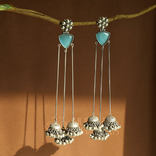 OXIDIZED LEHER KASHMIRI LONG EARRINGS WITH GHUNGROO