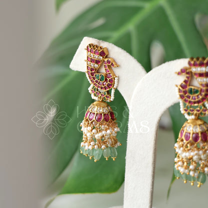 GOLDEN STATEMENT KEMP MAYURA JHUMKA WITH PEARLS | PREMIUM JEWELLERY