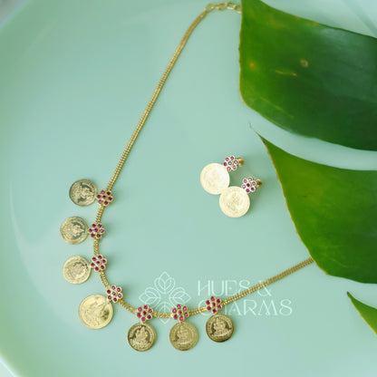 TRADITIONAL LAKSHMI 7-COIN RUBY NECKLACE SET |GOLD PLATED