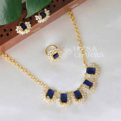 GLOSSY SQUARE DROP NECKLACE SET WITH PEARLS -BLUE