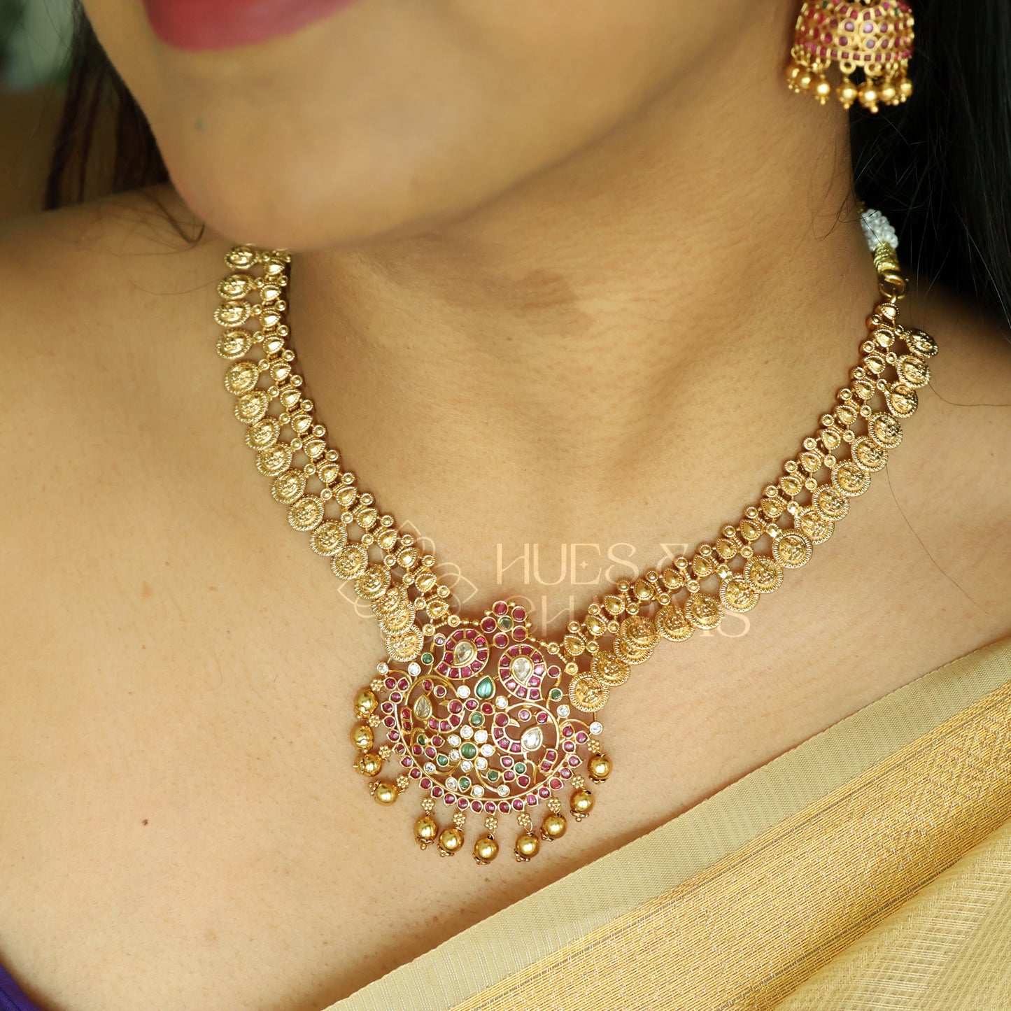 GOLDEN MAYURA LAKSHMI COIN KEMP NECKLACE SET | Premium jewellery