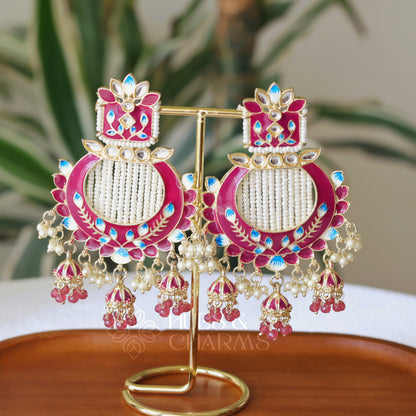 MEENAKARI EARRINGS WITH TRI JHUMKA  - DARK PINK