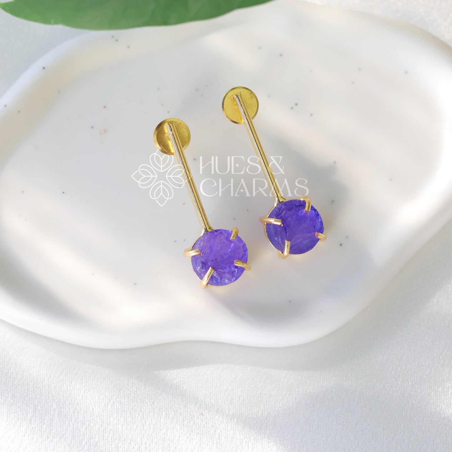 GOLDEN STICK EARRINGS WITH  RAW DYED STONE (COLOURS AVAILABLE)