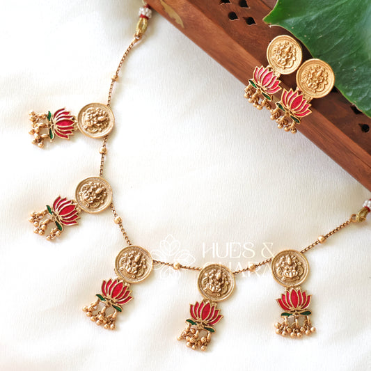 GOLDEN PADMA LAKSHMI COIN NECKLACE SET