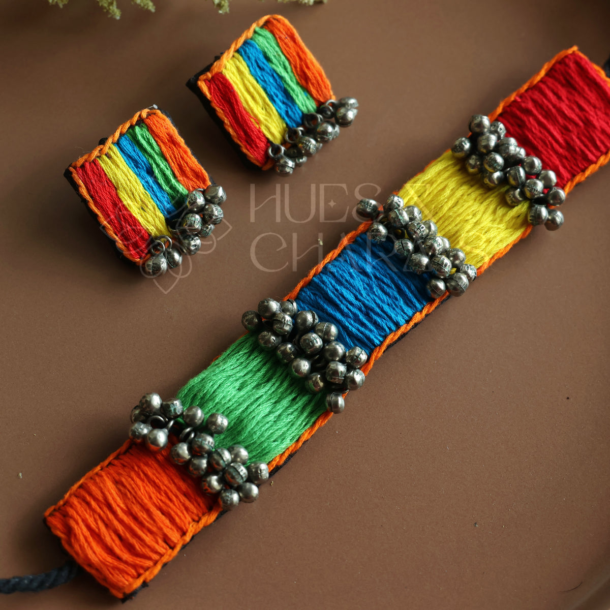 MULTICOLOURED FABRIC BOHO CHOKER SET WITH GHUNGAROO