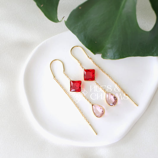 GOLDEN NEEDLE AND THREAD GLOSSY DROP AND DIAMOND EARRINGS
