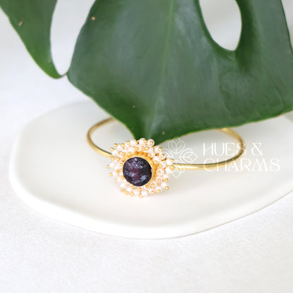 GOLDEN RAW STONE BANGLE WITH CLUSTER PEARLS (COLOURS AVAILABLE)