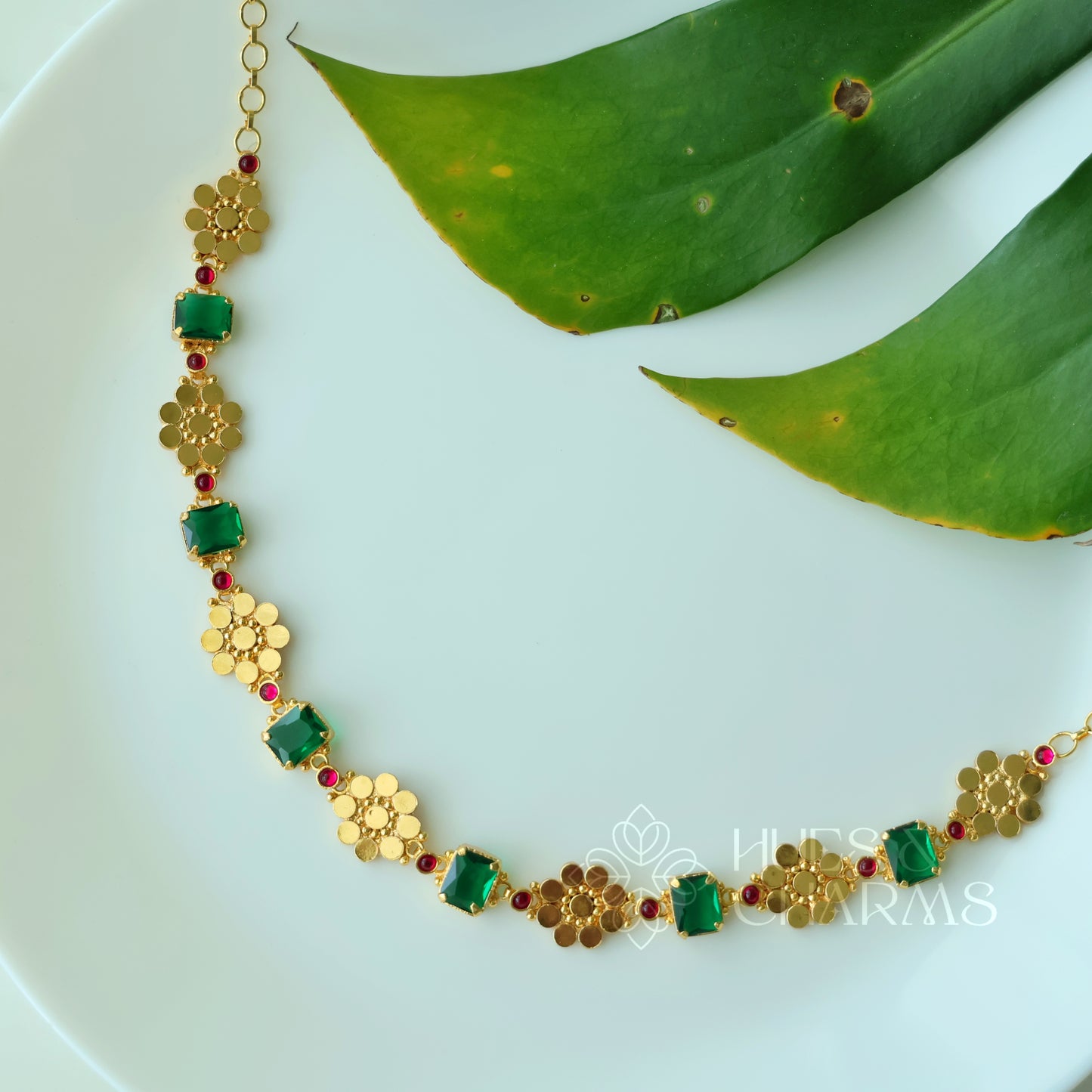 TRADITIONAL PUSHPA EMERALD AND RUBY DETAILED NECKPIECE | PREMIUM GOLD PLATED