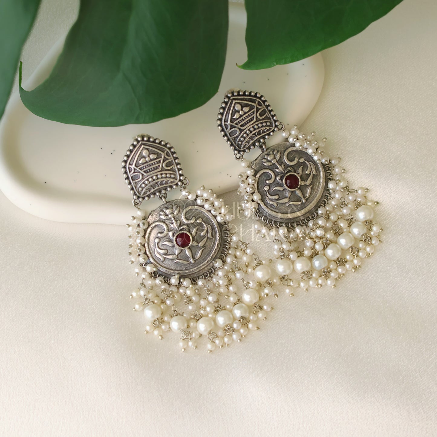 OXIDISED STATEMENT EARRING WITH PEARL DANGLERS(COLOURS AVAILABLE)