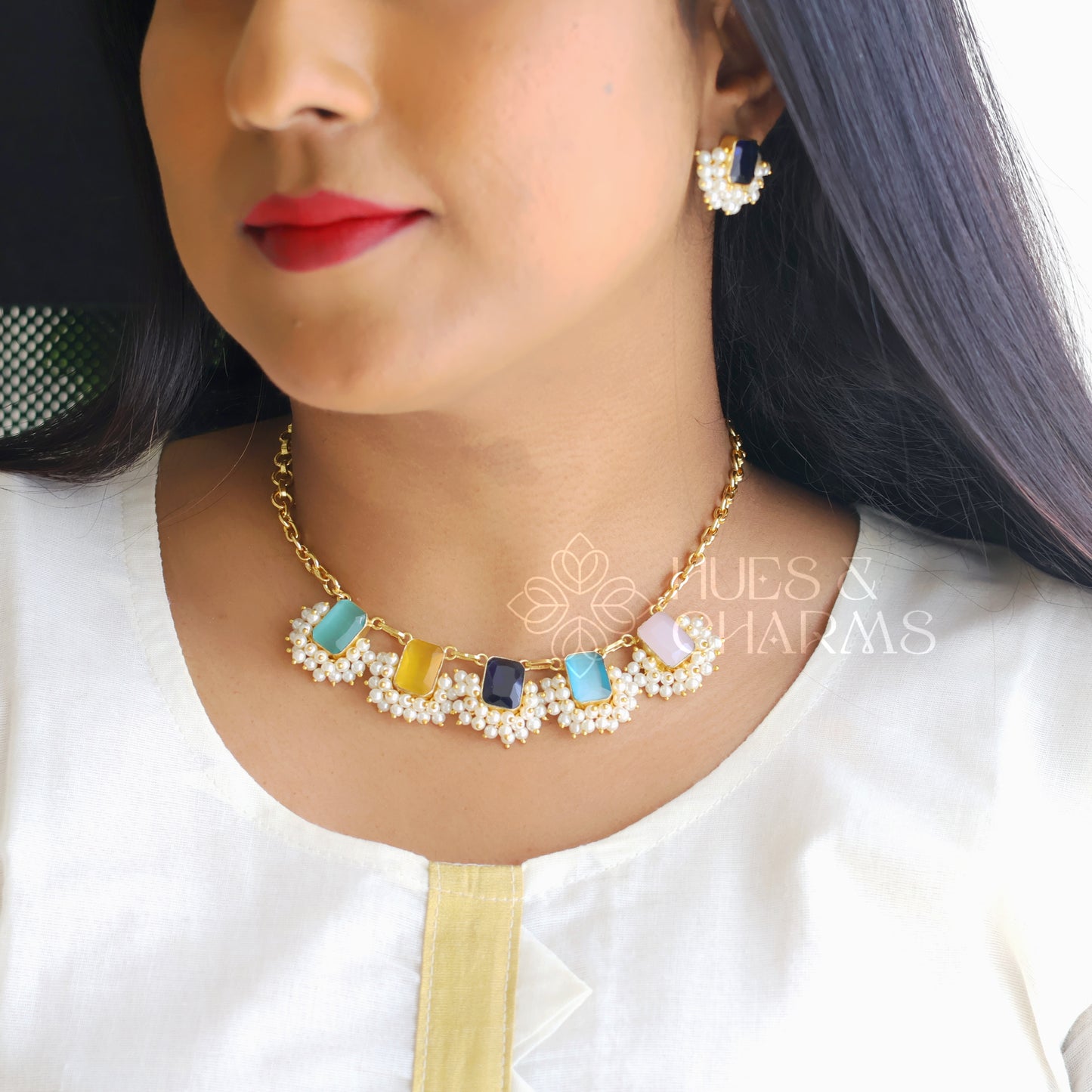 GLOSSY SQUARE DROP NECKLACE SET WITH PEARLS-MULTICOLOUR