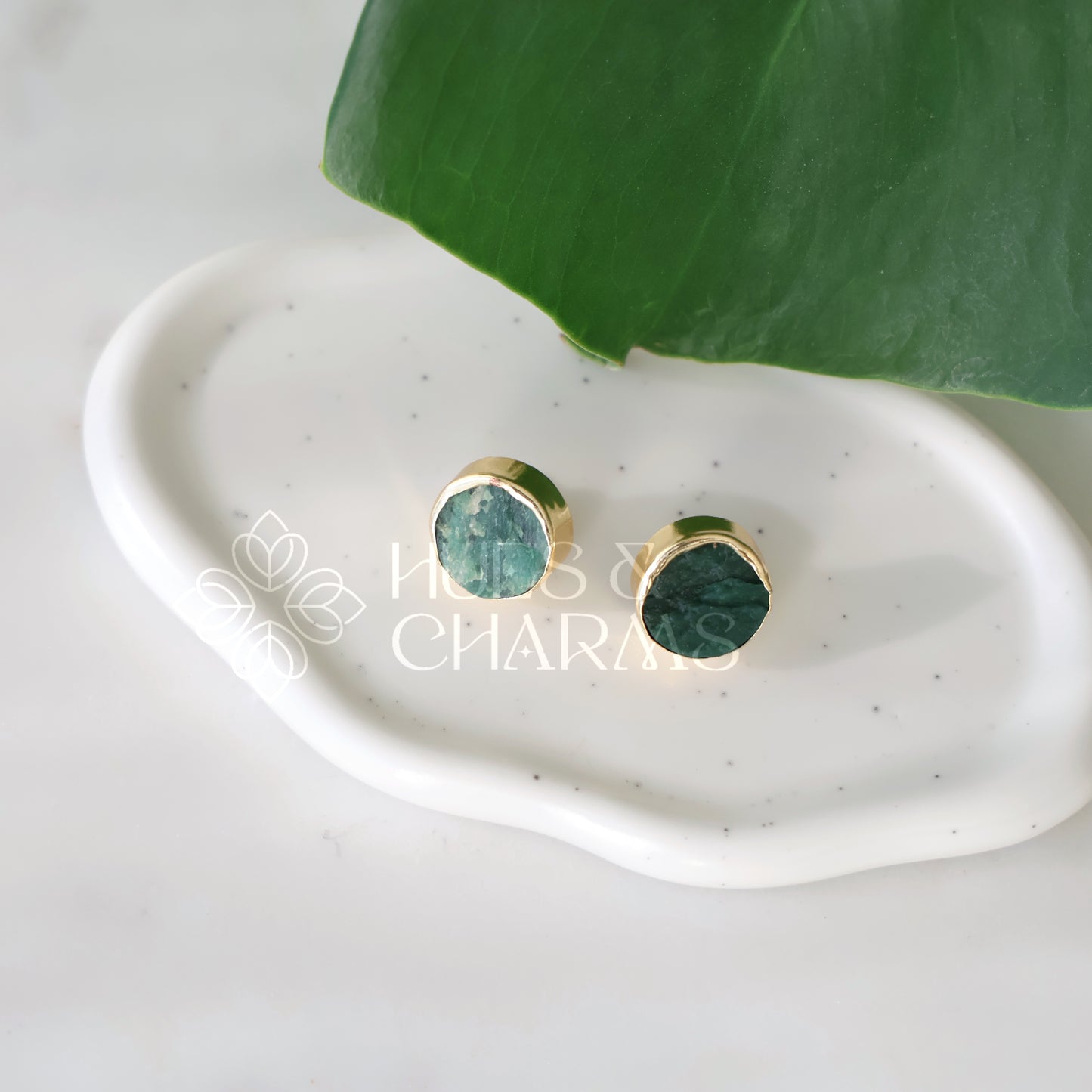 GOLDEN ROUND RAW STONE  STUD EARRINGS (COLOURS AVAILABLE)